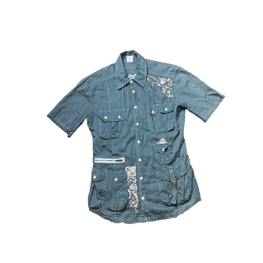 Johnny Was Collection Button Up Embroidered Floral S Raw Hem Cargo Pocket Shirt